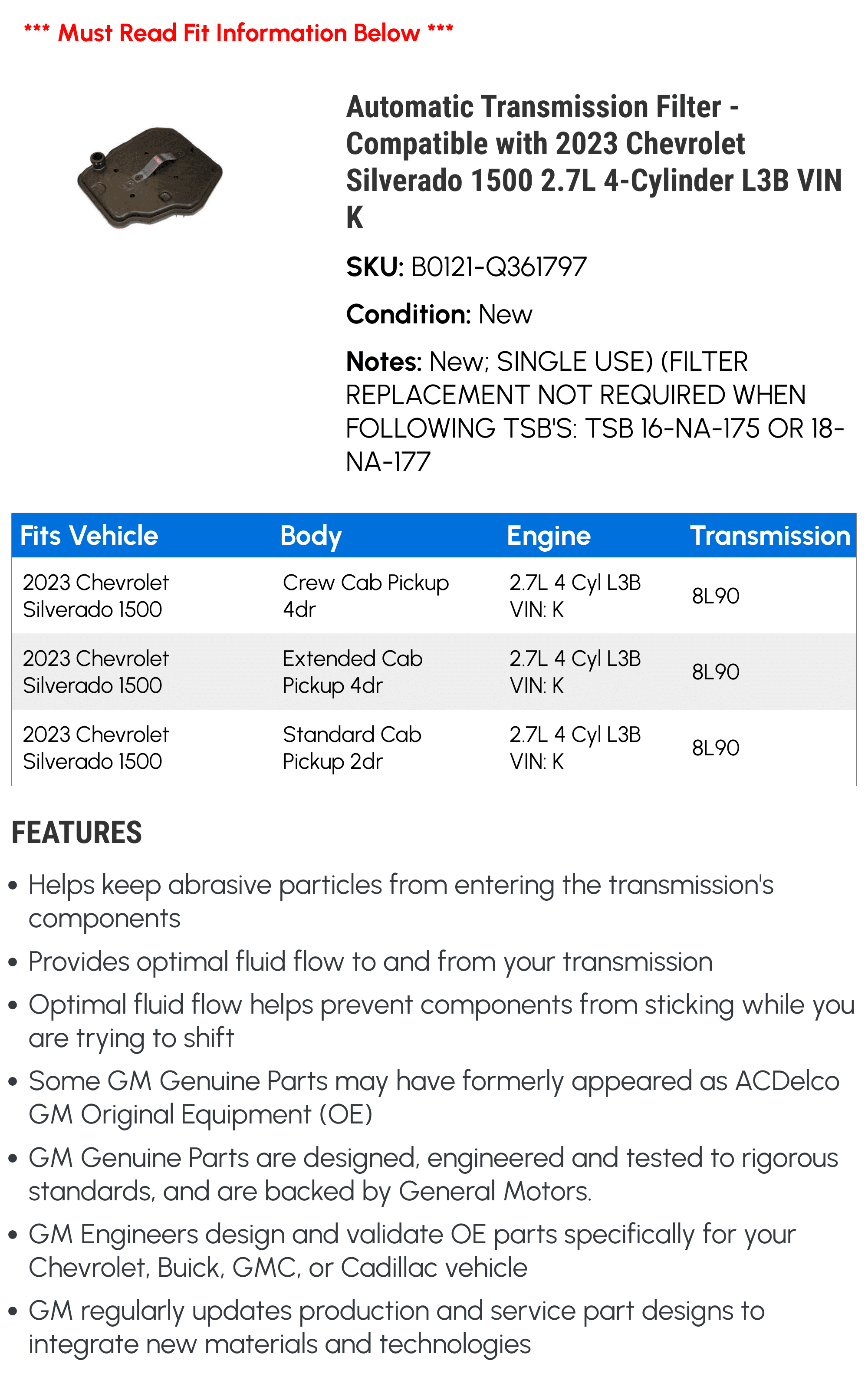Automatic Transmission Filter - Compatible with 2023 Chevrolet Silverado 1500 2.7L 4-Cylinder L3B VIN K - AC Delco