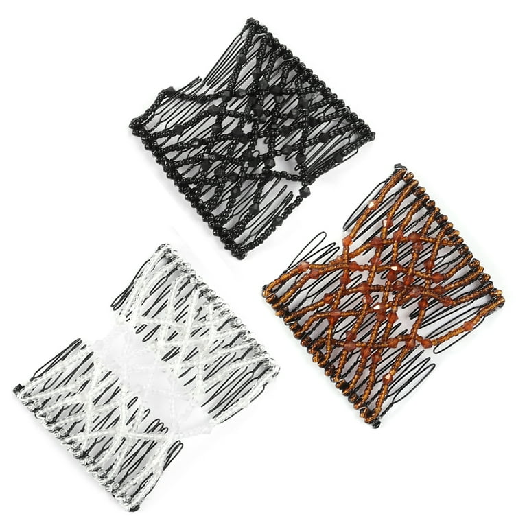 HEMOTON 3pcs Combs Hair Bun Maker Accessories Elastic Beaded Double Hair Clips Combs Hair Styling Tool for Woman (White, Black, Coffee)