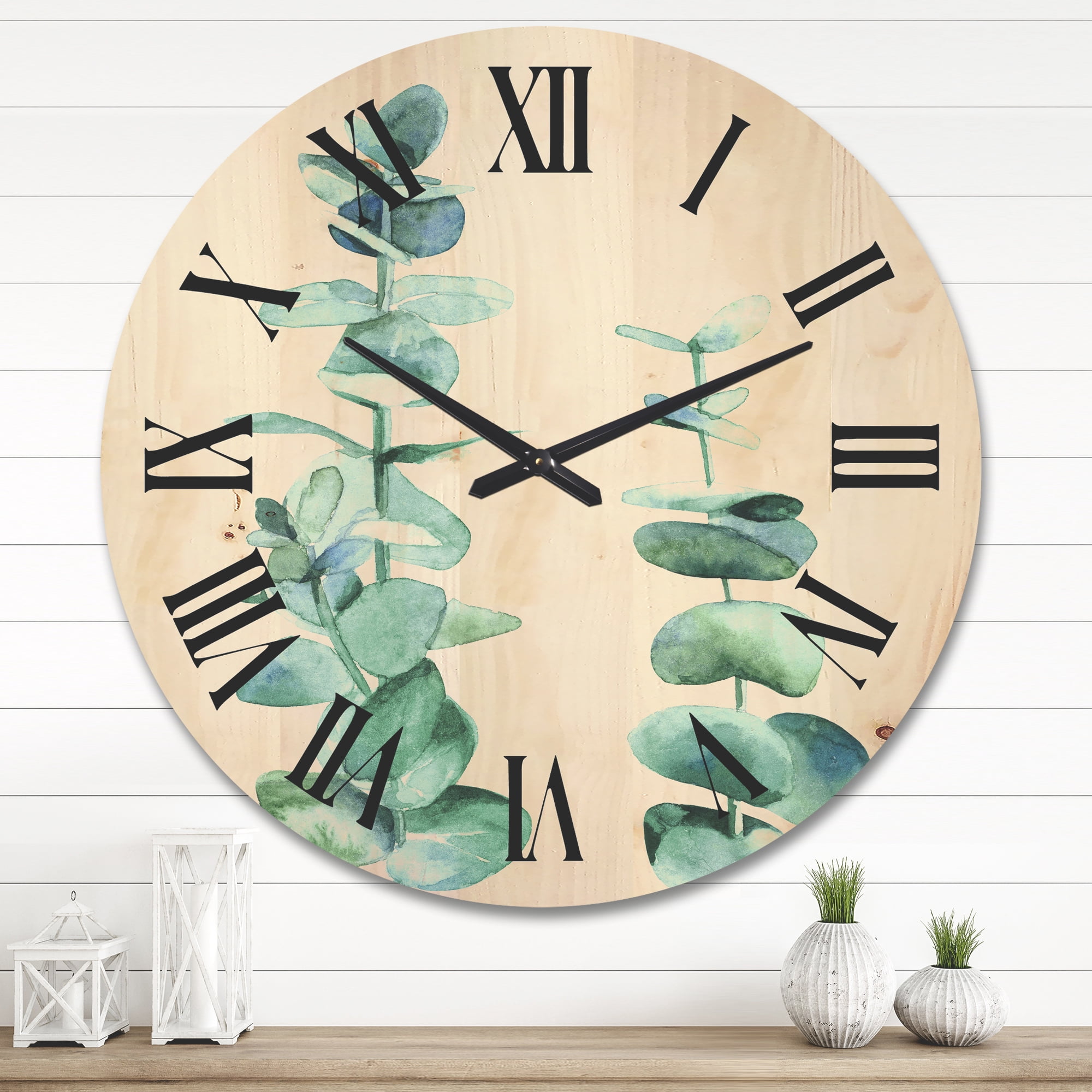 Designart 'Green Eucalyptus Branch' Tropical Wood Wall Clock