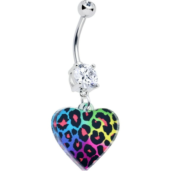 Body Candy Acrylicious Rainbow Cheetah Print Heart Dangle Belly Ring Stainless Steel for Women