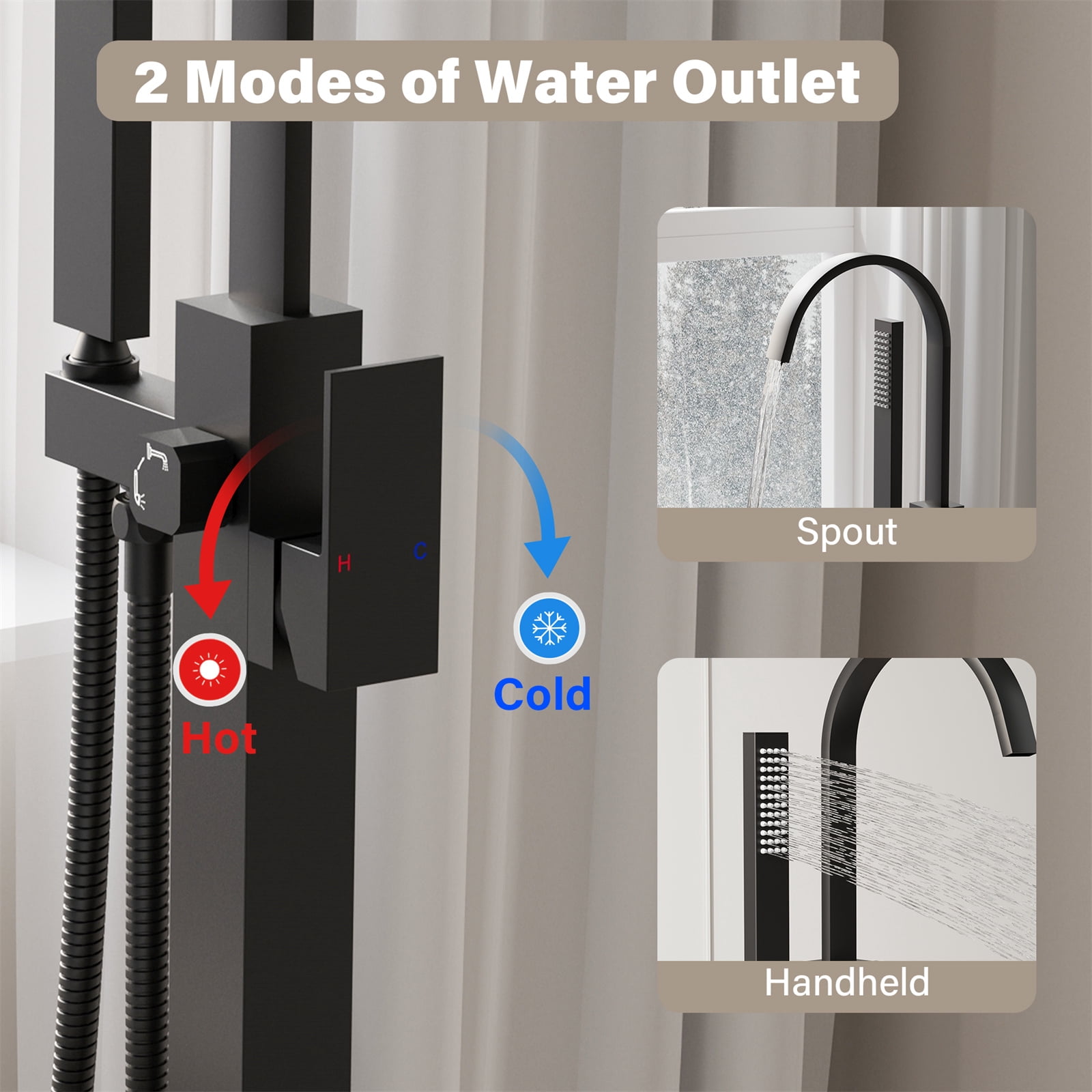 ANGELES HOME Free Standing Bathtub Faucet, Single Handle Floor Mounted Tub Filler Faucet with Handshower, Matte Black