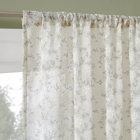 No. 918 Jacqueline Tonal Floral Puff Print Semi-sheer Rod Pocket Curtain Panel, 50"W x 84"L, Natural