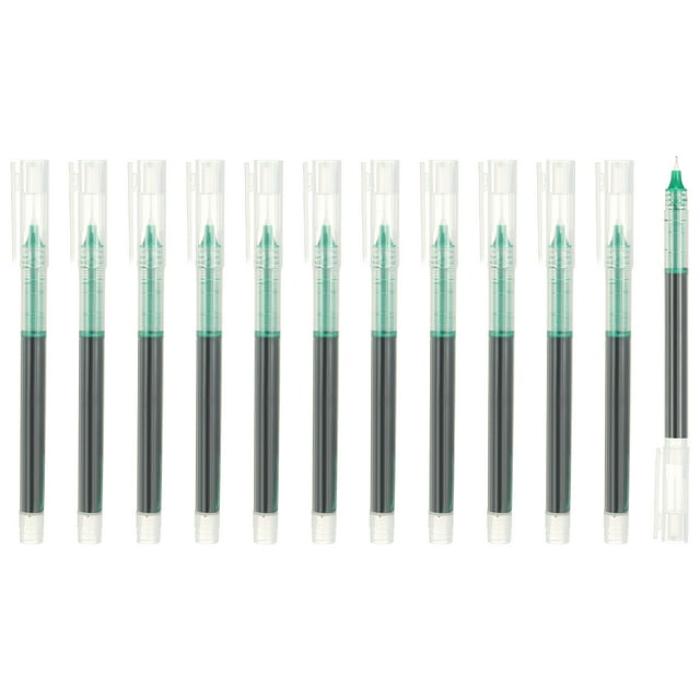 Uxcell 12Pcs Colored Gel Ink Pens with 0.5mm extra fine point nibs, featuring quick-drying green liquid ink for smooth writing. The pens have a transparent casing to monitor ink levels and measure 14.2cm in length. Displayed are 12 pens arranged in a row, with one pen uncapped to show the fine tip.
