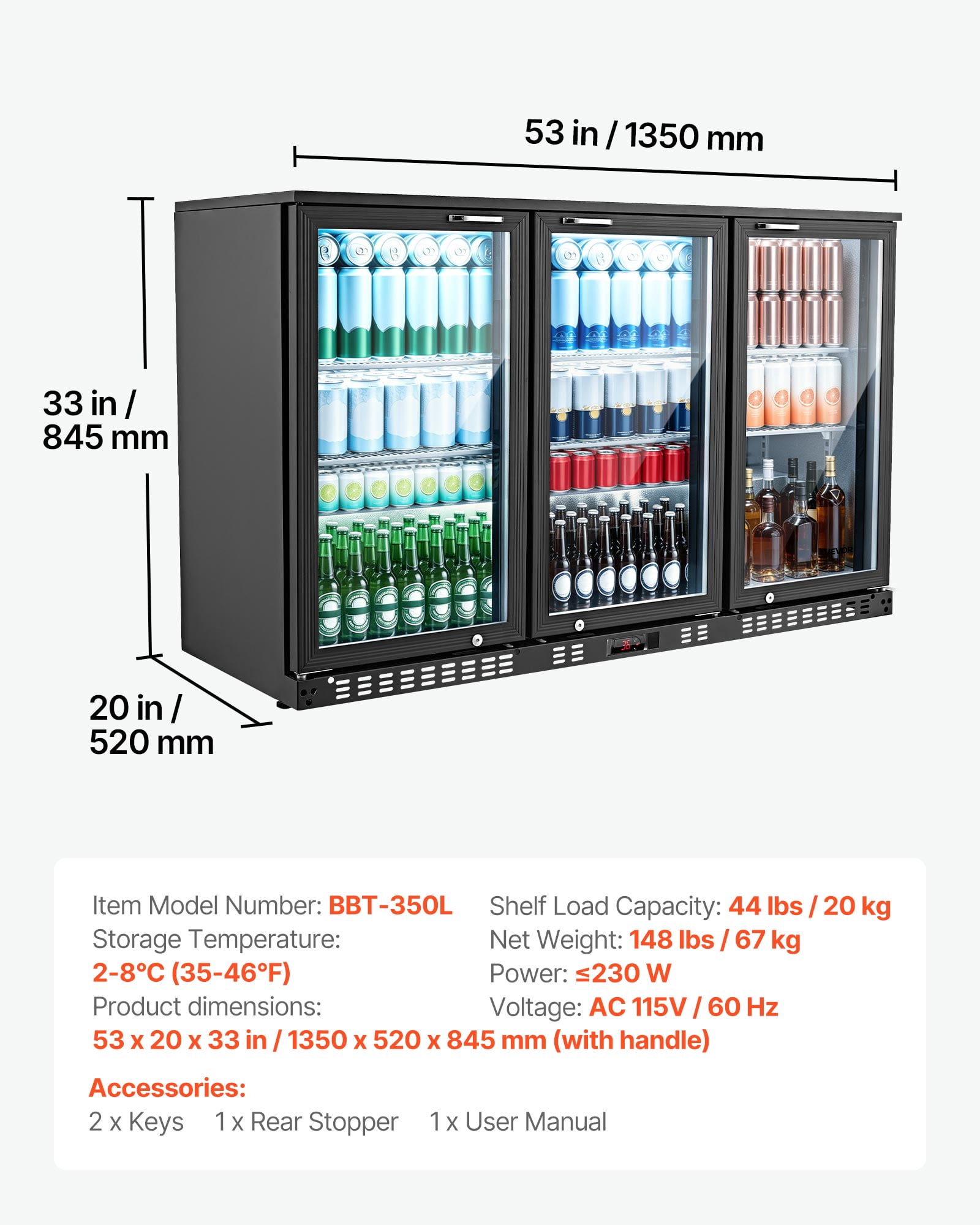 VEVOR Back Bar Cooler, 11.4 Cu.Ft Commercial Beverage Refrigerator with 3 Glass Door, Large Under Counter Fridge w/ LED Lighting, Shelf, Low-E Glass Display Cooler for Store, Lobby, Restaurant, Pub