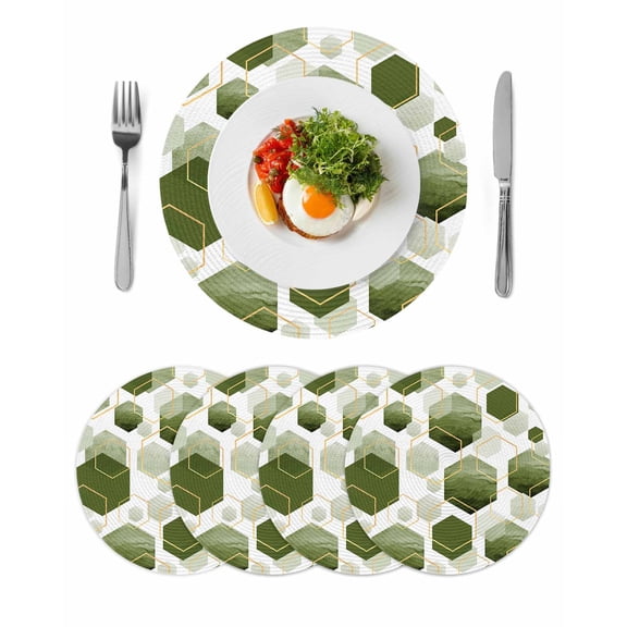Sage Green Marble Round 15 Inch Placemats Set of 4, Gold White Geometric Hexagon Modern HeatResistant Non Slip Place Mats for Dining Table, Wipeable Braided Kitchen Table Mats for Housewarming