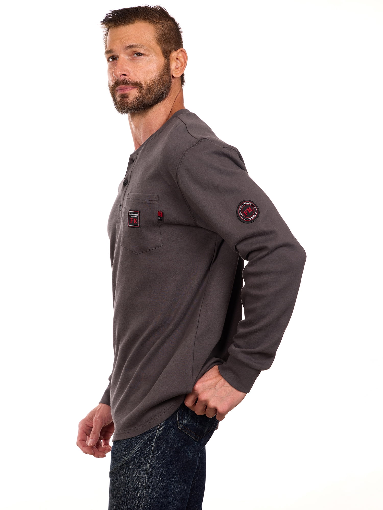 Bass Creek Outfitters Men's Flame Resistant Long Sleeve Henley Knit Top, Sizes M-2XL