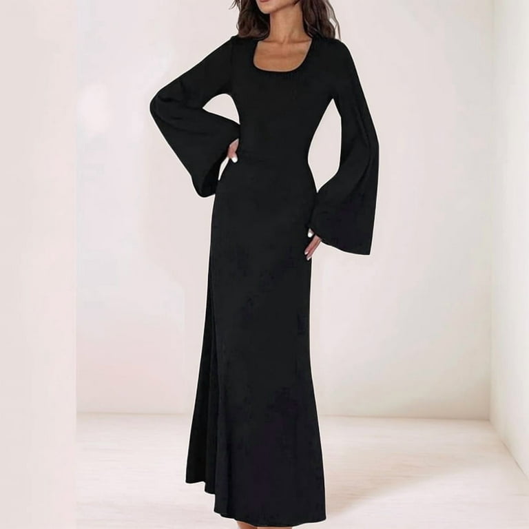 black ribbed bodycon maxi dress Women'S Ribbed Maxi Dress Knit Flare Sleeve Bodycon Dress Loose Casual Long  Dresses Black XXL