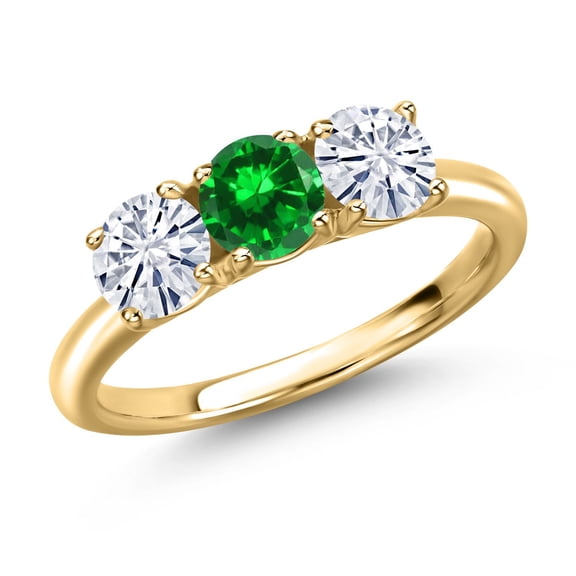 Gem Stone King 18K Yellow Gold Plated Silver Green Created Emerald and White Moissanite Engagement Ring for Women | 1.84 Cttw | Round 5MM | Gemstone May Birthstone | Size 8