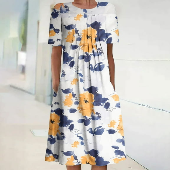 Lilgiuy Women's Summer Bohemian Print Short Sleeve Beach Dress Knee Length Dress Oversize Tunic Dress