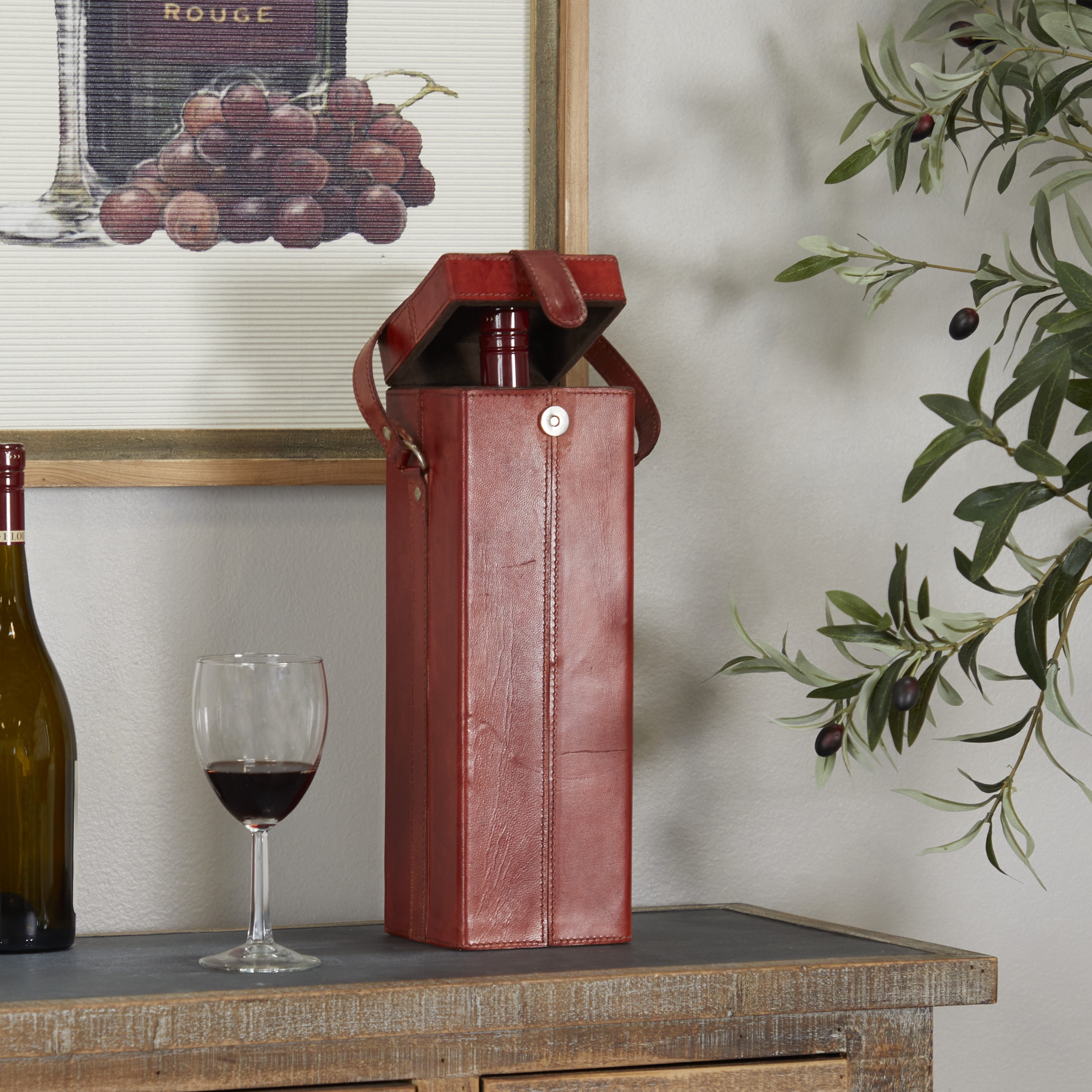 DecMode 5" x 15" Red Leather Single Bottle Wine Holder with Carrying Handle, 1-Piece