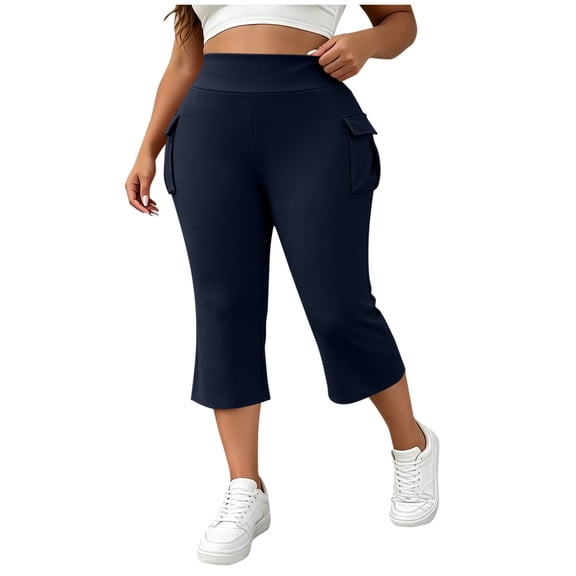 Plus Size Cargo Capris for Women Elastic Waist Slim Fits Yoga Capri Leggings, Stretch Workout Hiking Sports Cropped Pants