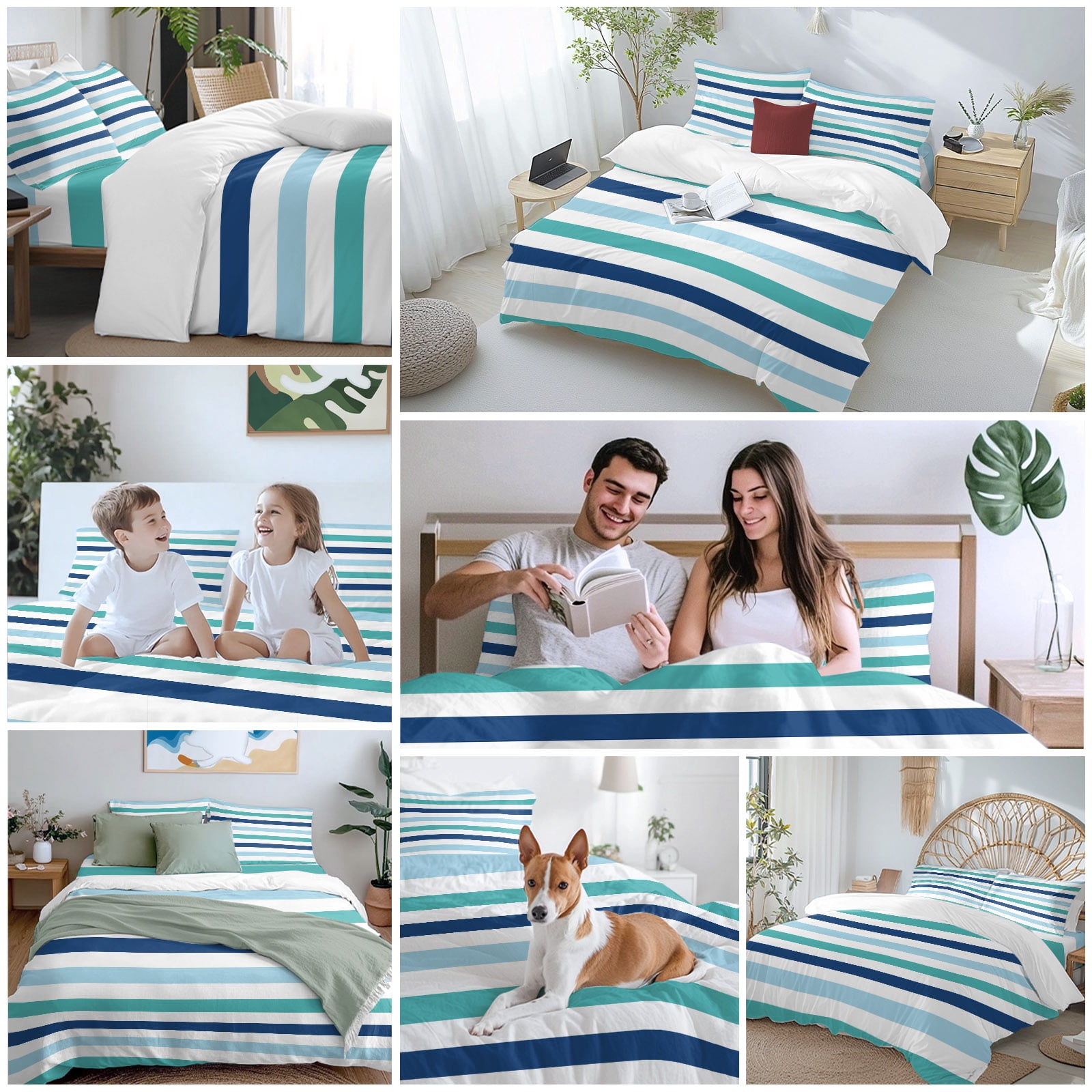 Blue Turquoise Navy Striped Duvet Cover Set Queen Size, Modern Minimalist Abstract Lines 4 Piece Soft Microfiber Bedding Set with 1 Duvet Cover, 1 Flat Sheet, 2 Pillowcases