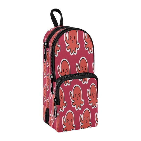 Backpack-Shaped Pencil Pouch 3-Compartment Large Capacity Stationery School Organizer Red Octopus