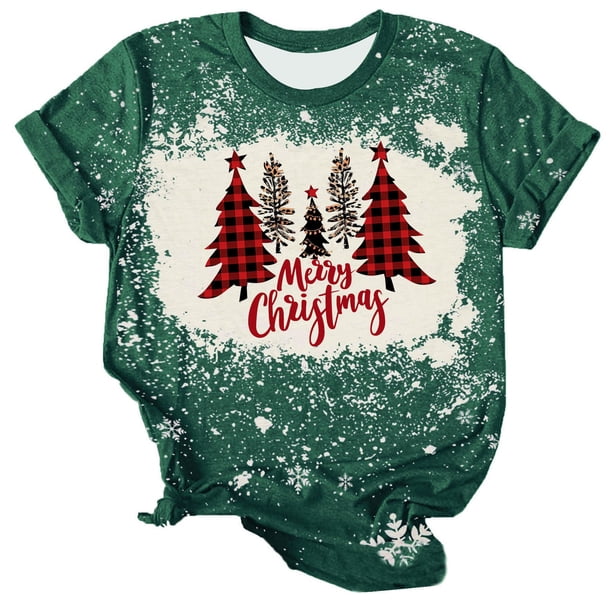 Navidad Tops de Mujer, Cuello Redondo Camiseta de Manga Corta con Estampado de Vacaciones, Blusa de Moda Casual
