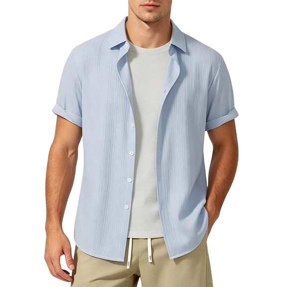 VEKDONE Men's Button Down Shirts Summer Short Sleeve Collared V Neck Tee Casual Solid Color Loose Fit Business Work Tops Light Blue XL