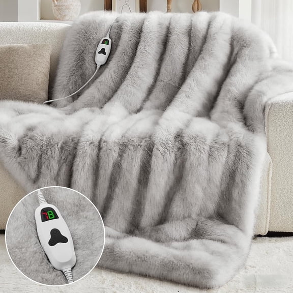 PMONPA Electric Heated Blanket, 51"×61" Faux Fur Heated Blanket for Adult, Fast Heating with 4 Hours Auto Shut Off Timer, Black & White