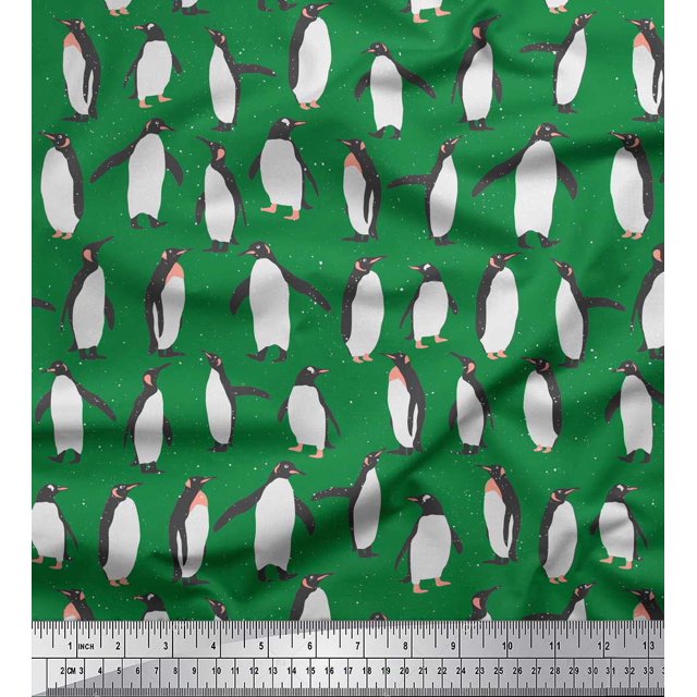 Soimoi Green Moss Georgette Fabric Penguin Ocean Print Sewing Fabric Yard 42 Inch Wide