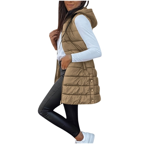 QSAWXQZ Women's Long Puffer Vest Solid Stand Collar Sleeveless Zip Up Jackets Coat with Pockets for Winter Khaki 2XL