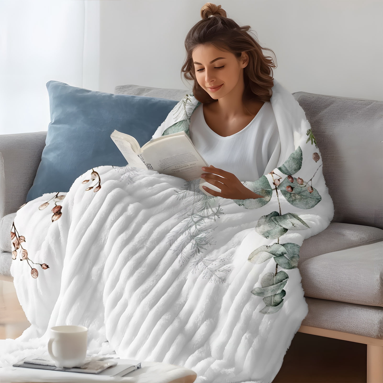 Christmas Botanical Throw Blanket, Flannel Fleece Blanket with Striped Design for Couch, Eucalyptus Leaves Xmas Pinecone Cotton Soft Breathable All Season Plush Blankets for Sofa Office Chair 30"x40"