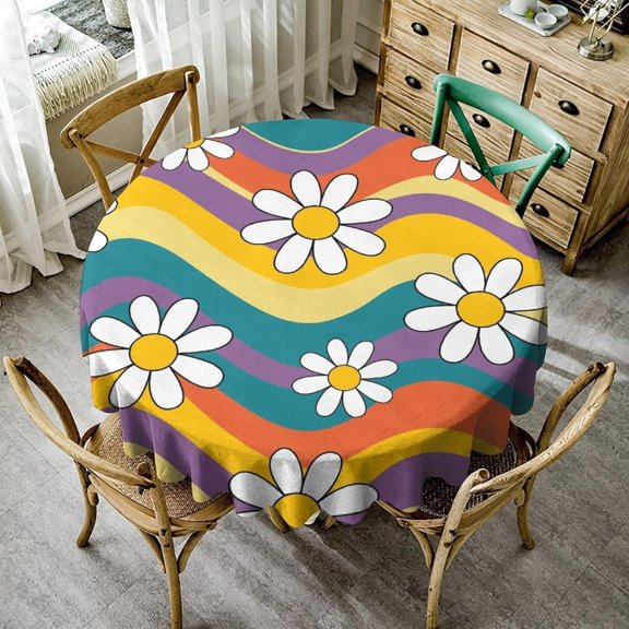 Groovy Flowers Tablecloth, 60s 70s Retro Floral Cute Hippie White Chrysanthemum Flower Print Table Cloth Cover for Party Picnic Tabletop Dining Room Indoor and Outdoor Dining 60x60nch