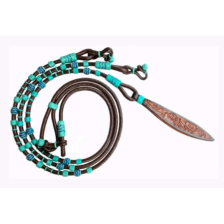 Brown Rawhide Romal Reins &ndash; Hand-Braided 8.5 Ft Rope with Turquoise & Navy Blue Plaited Design and Leather Knots &ndash; Premium Tack