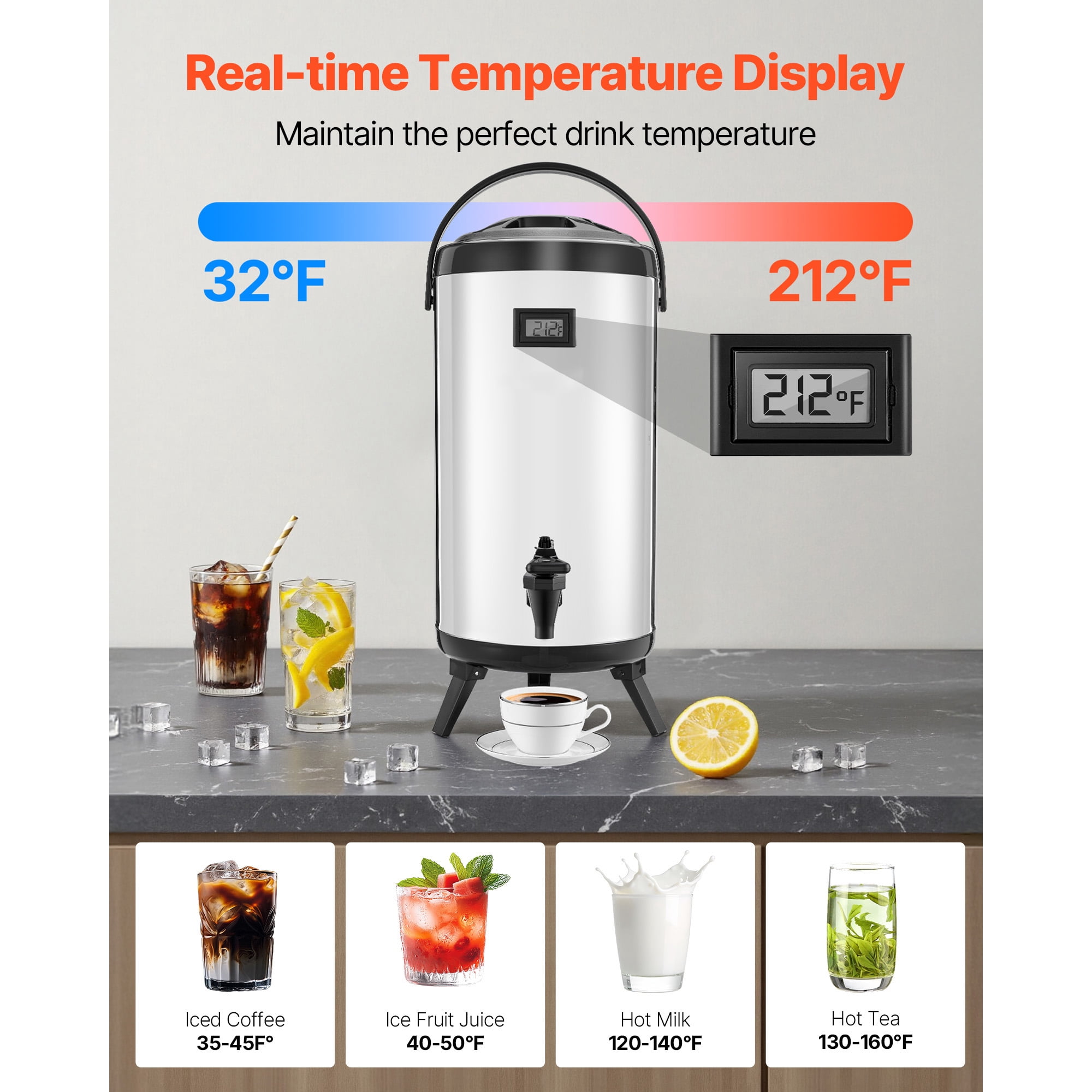 KFFKFF Insulated Beverage Dispenser, 2.4 Gal/9.2L Stainless Steel Thermal Drink Server with Spigot & Temperature Display, Ideal for Hot and Cold Beverages, Perfect for Tea, Coffee