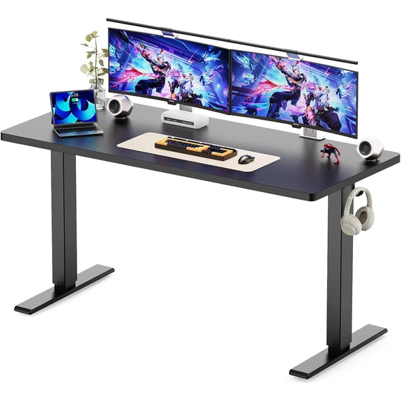 GLZ'HOME 55x24 Inches Height Adjustable Electric Standing Desk with 2 Hooks for Home Office, Ergonomic Sit Stand up Desk with Splice Board, Black