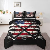 Manfei Ice Hockey Lover Full Size Comforter Sets, Sports Player Bedding Comforter Set, Vintage American Flag Reversible Bedding Sets, Lightweight Room Decor, 3-Piece