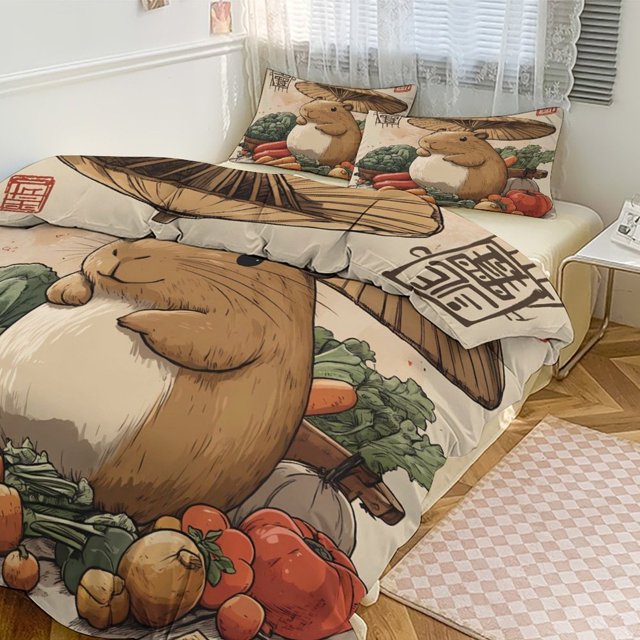 Juego de funda de edredón con diseño de capibara japonesa y verduras, tamaño king y queen, 3 piezas, 1 funda de edredón y 2 fundas de almohada con cierre de cremallera, 86 x 70 pulgadas