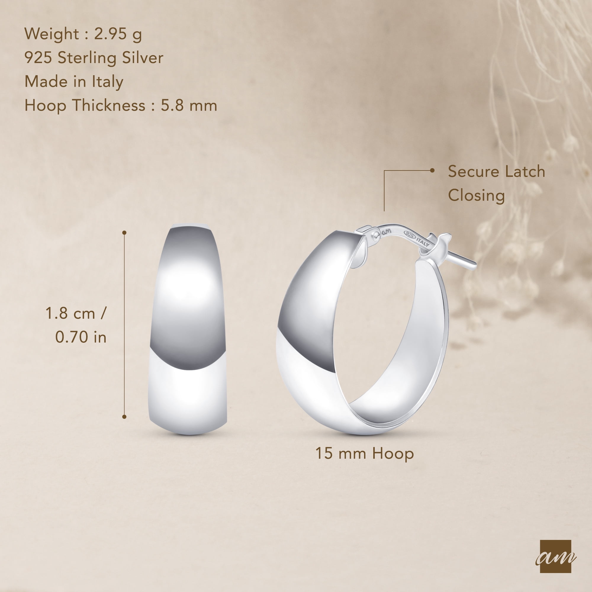 Amberta Women 925 Sterling Silver Chunky Hoop Earrings: Silver Chunky Hoop Earrings for Women 15 mm