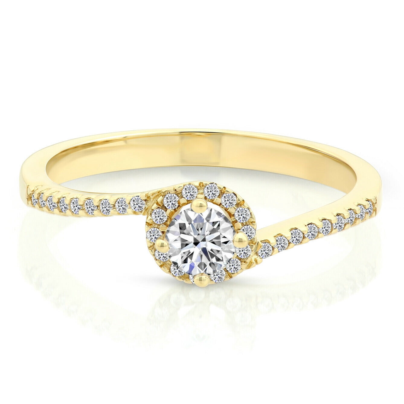 Tilo Jewelry 14K Yellow Gold 1 Carat Solitaire Round Halo Engagement Wedding Ring with Side-stone Accents | Size 5 | Classic Engagement Ring for Women