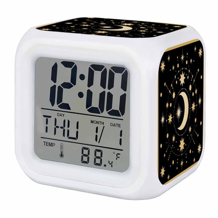 Alarm Clocks Stars Moon Digital Clock 7 Color LED Night Light Silent Non-Ticking Battery Operated Black Bohemian Gorgeous Starry Night Cube Clocks for Bedroom Bedside Living Room Office School