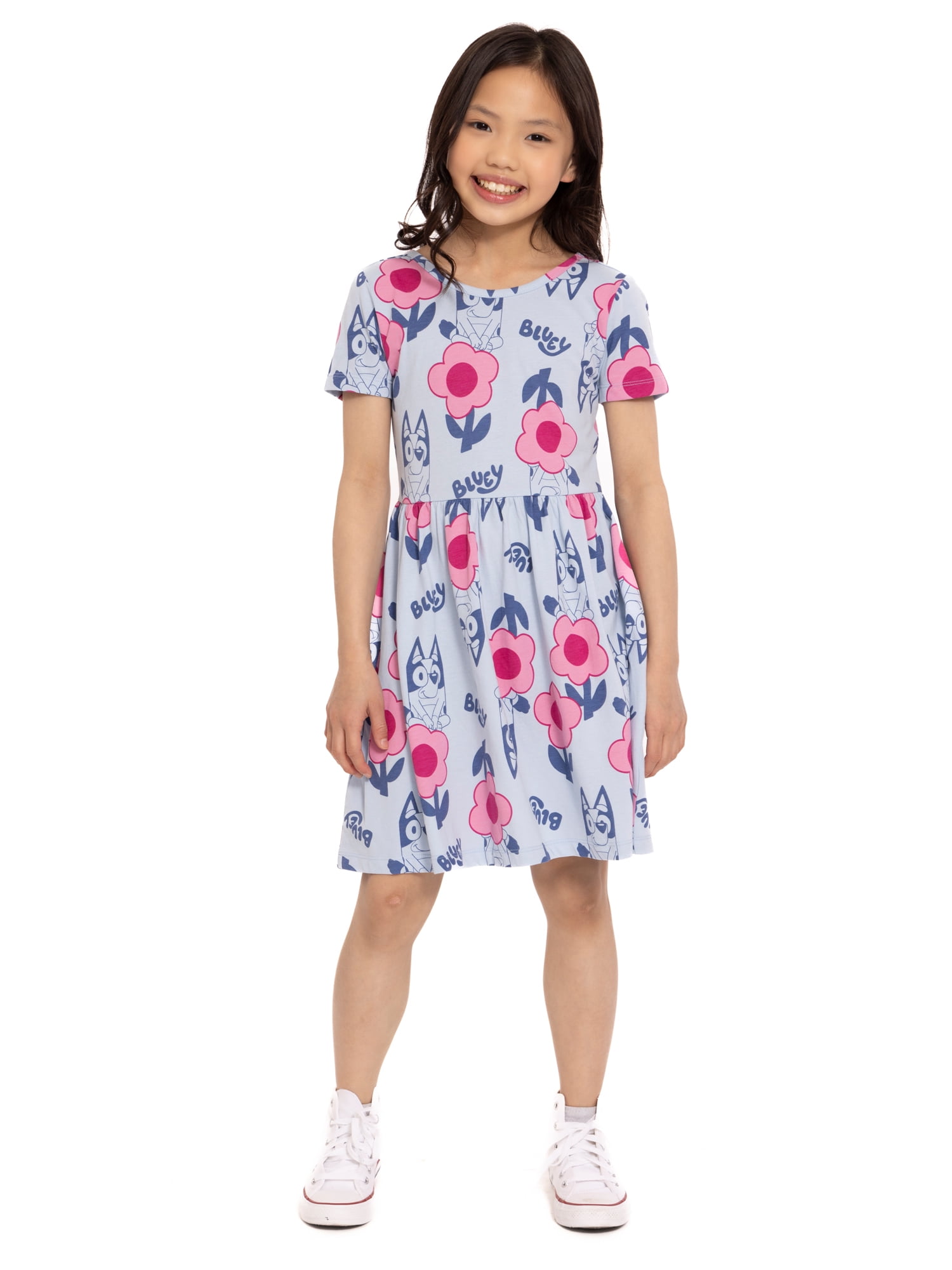Bluey Girls Allover Print Dress with Short Sleeves, Sizes 4-12
