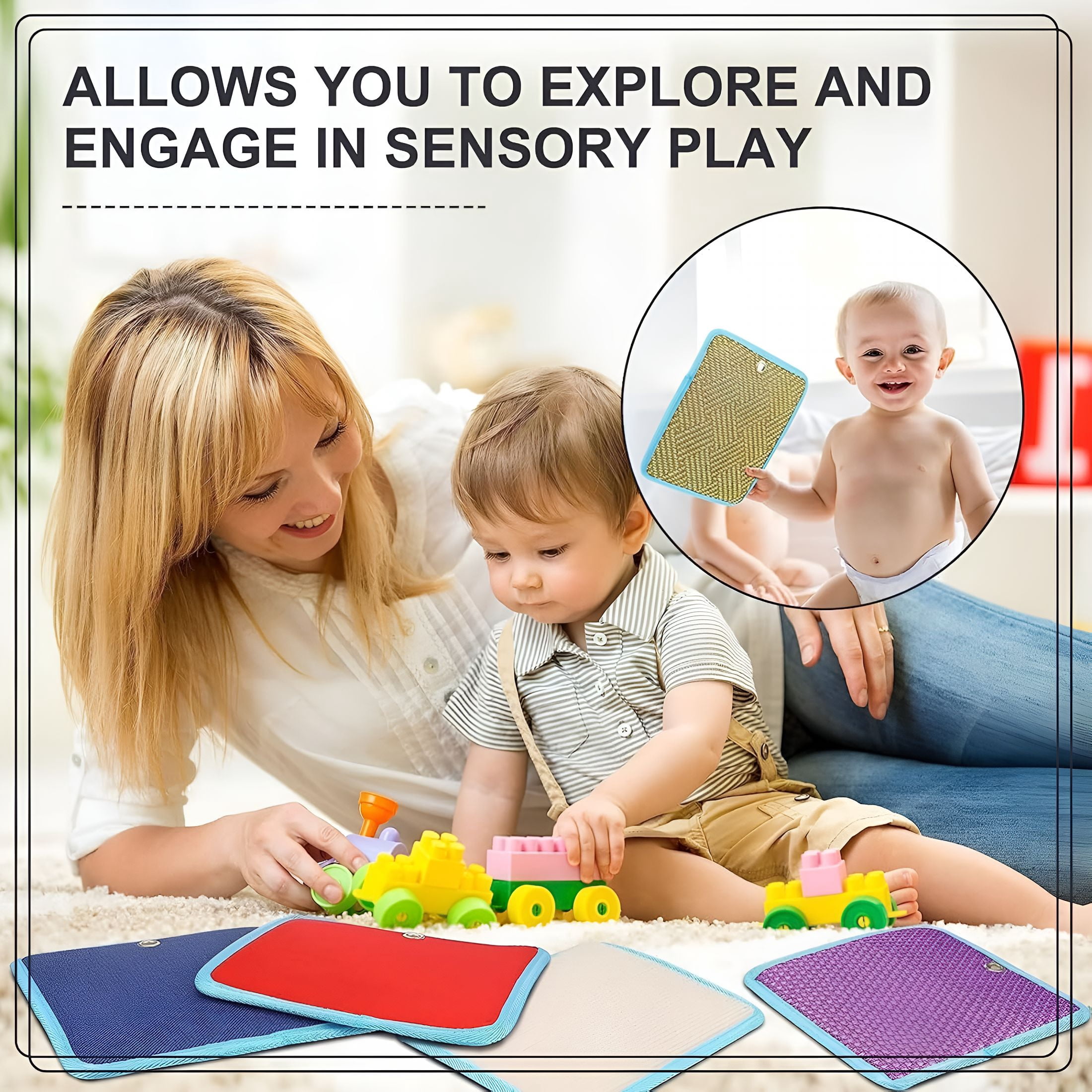 CYFW 16Pcs Multi Texture Sensory Play Mat for Soft Machine Washable Activity Pad Early Development Haptic Exploration Portable Development Pad