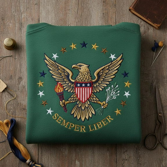 Semper Liber Embroidered Sweatshirt, Patriotic Eagle Shield Crewneck, US Military Veteran Gift, Latin Freedom Quote Apparel