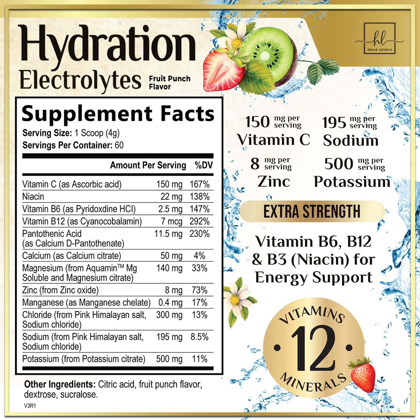 Hydration Electrolyte Drink Mix – Rapid Hydration Powder with 6 Electrolytes & Minerals Daily Replenisher Zero Sugar, Keto, Vegan, Non-GMO & Sugar-Free Electrolyte Powder Tub - 60 Servings