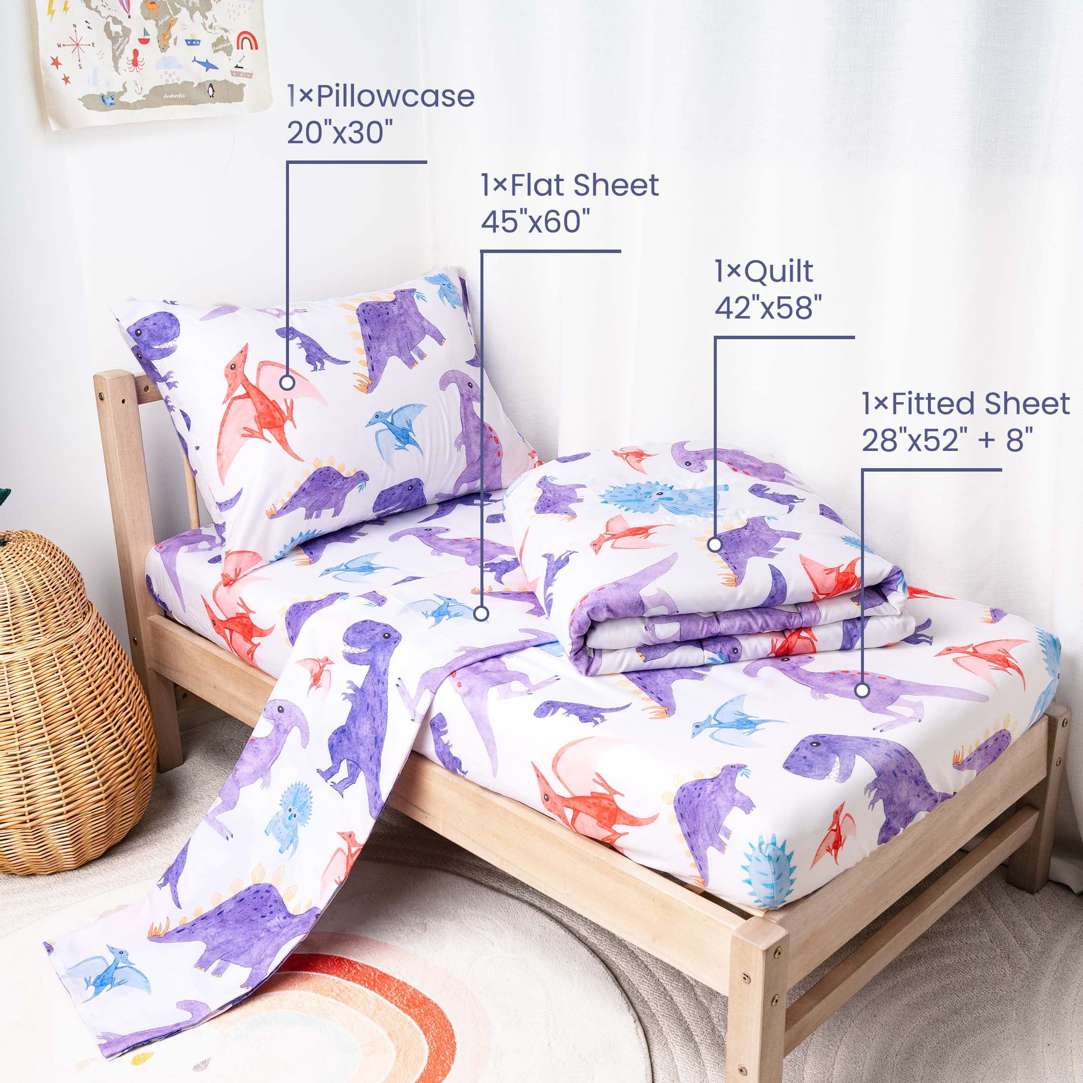 Beavtaens Toddler Bedding Set, 4 Piece Bed in a Bag Toddler Comforter Set, Soft and Airy, Machine Washable and Durable, Suitable for Most Seasons