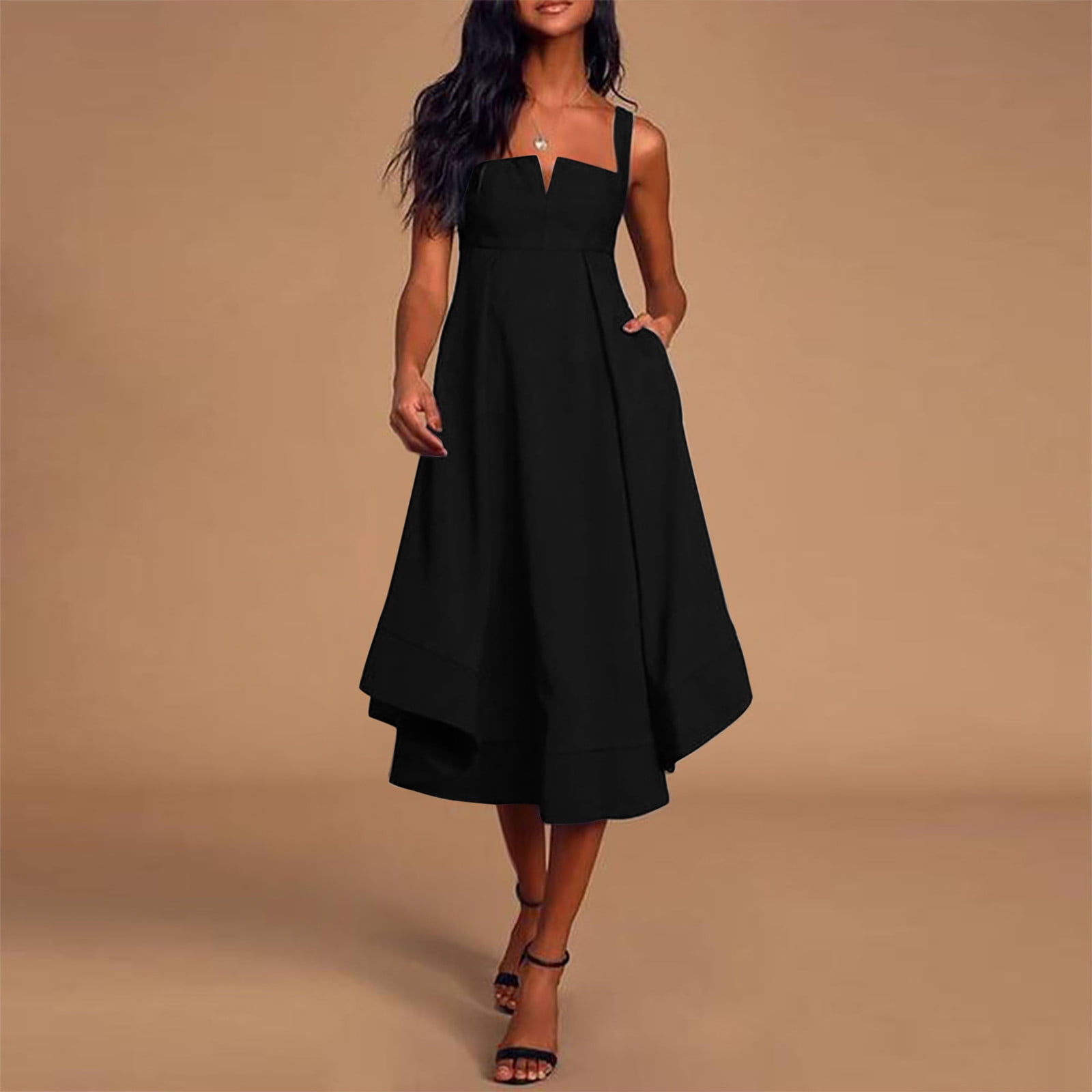 Homely Womens Black Dresses Women Solid Summer For 2022 Trendy Midi Evening Dress Sleeveless V Neck Ruffle Dress With Pocket Dresses Walmart