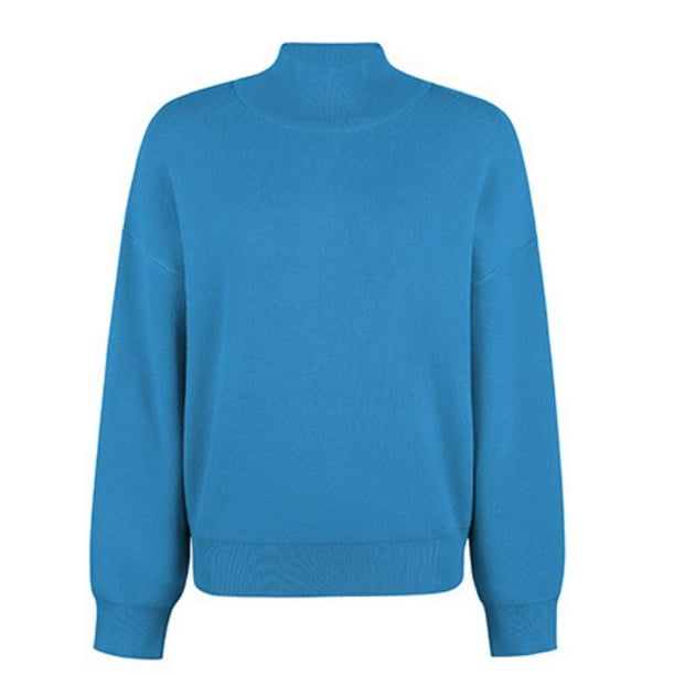 Gibobby Suéter de Punto, Suéter para Mujer, Suéter Extragrande de Cuello Alto de Color Sólido(Azul,M)