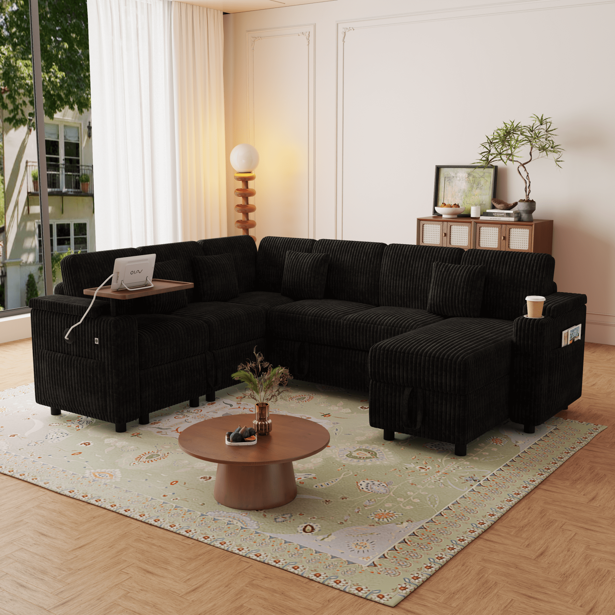 100" U-Shaped Sectional Sofa with Pull Out Bed, Storage Chaise and USB Port, Convertible Sleeper Sofa Bed Modular Sofa Couch with Laptop Table & Cup Holder for Living Room