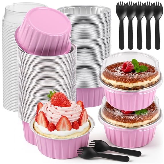 100 Pack Aluminum Foil Cake Baking Cups, 5 oz Mini Cake Pans with Lids, Pie Pans Muffin Tins Cupcake for Party Wedding Birthday