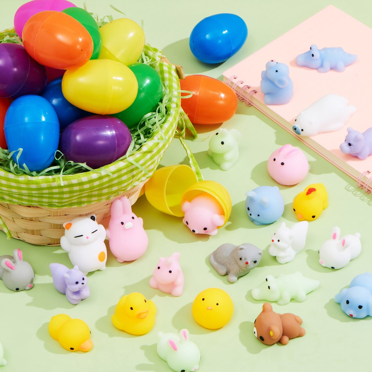Joyfy 72 Packs Prefilled Easter Eggs with Mochi Toys,Mochi Squishies Stress Relief Toys Stuffed Plastic Easter Eggs for Easter Basket Kids