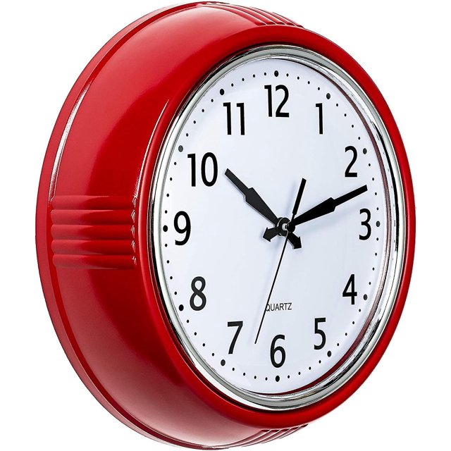 Reloj de pared retro de 10 pulgadas, cocina roja, años 50, diseño vintage, redondo, silencioso, sin tictac, funciona con pilas, reloj de cuarzo de calidad