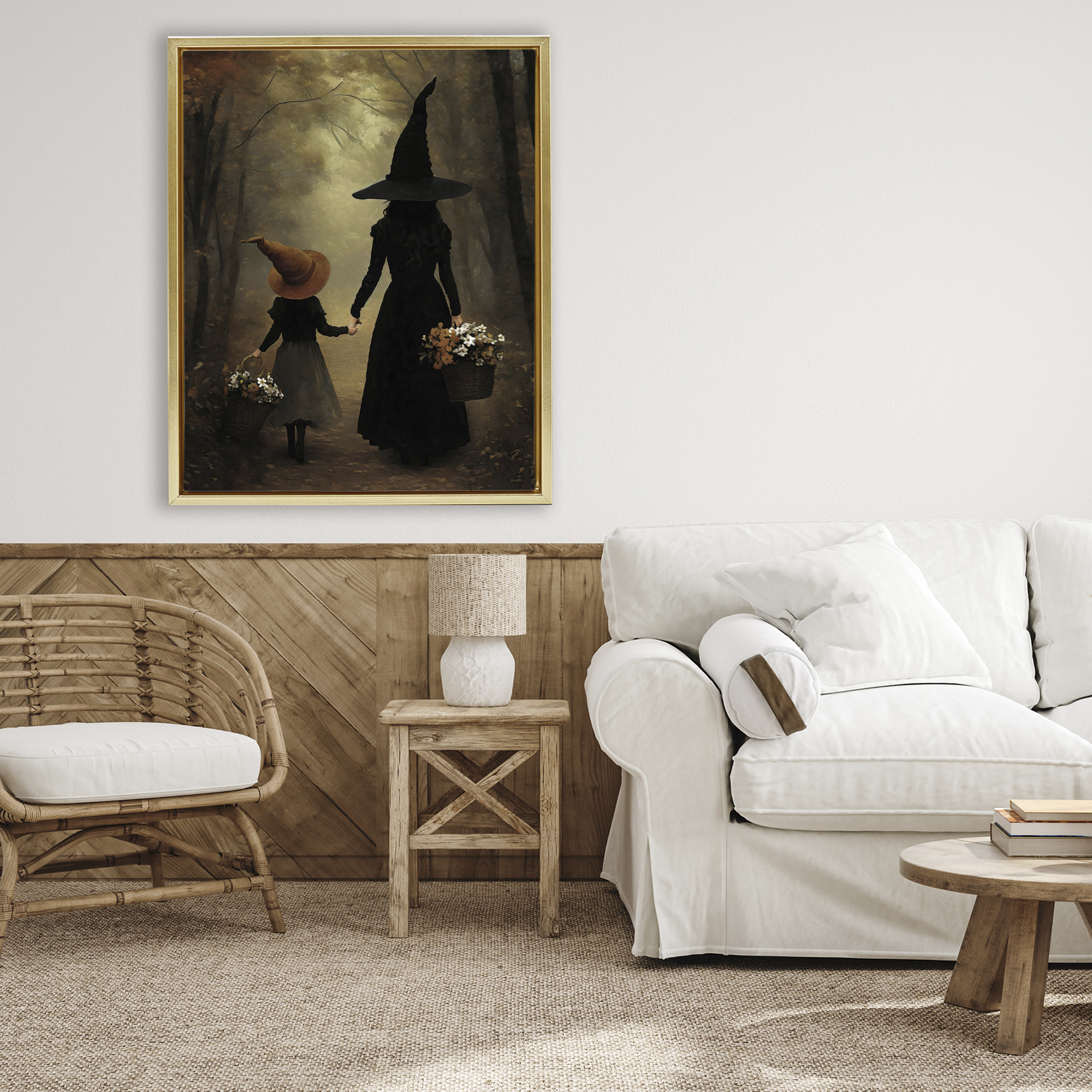 Witch & Daughter Mystical Forest Gold Framed Floater Canvas Wall Art, design by Arlington Prints