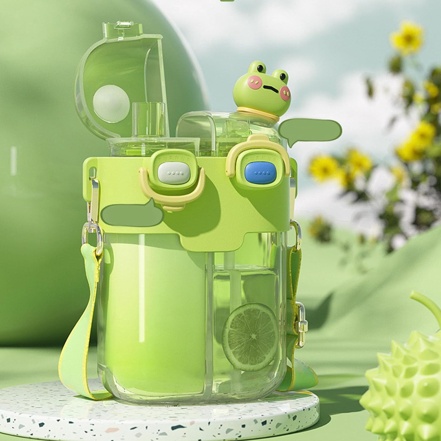 CATPAN Fdit Kawaii Water Bottles with Straw, Fashion Plastic Double Drinking Water Bottle Adjustable Strap for Sports Fitness Gym Camping (Lime Green 780ml)
