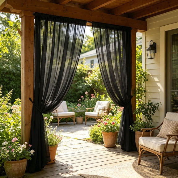 Waterproof Outdoor Curtain 8.8 x 5.3 Ft - Sunlight Blocking Window Treatment Drapes Mesh Curtains for Home Bedroom Living Room Patio Porch Pergola Cabana Gazebo, Black