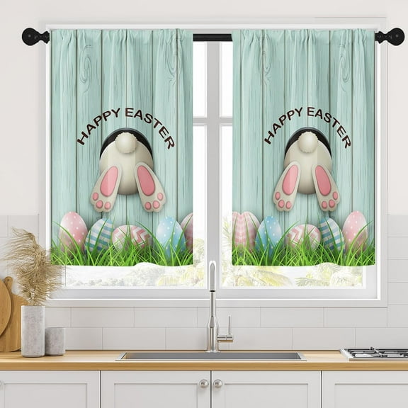 mayuai Easter Bunny Pink Kitchen Curtains, Blue Wooden Rabbit Short Window Curtains Set of 2, Window Treatment Tier Curtains for Kitchen Over Sink Bathroom Dining Room Decor (26x36 Inch)