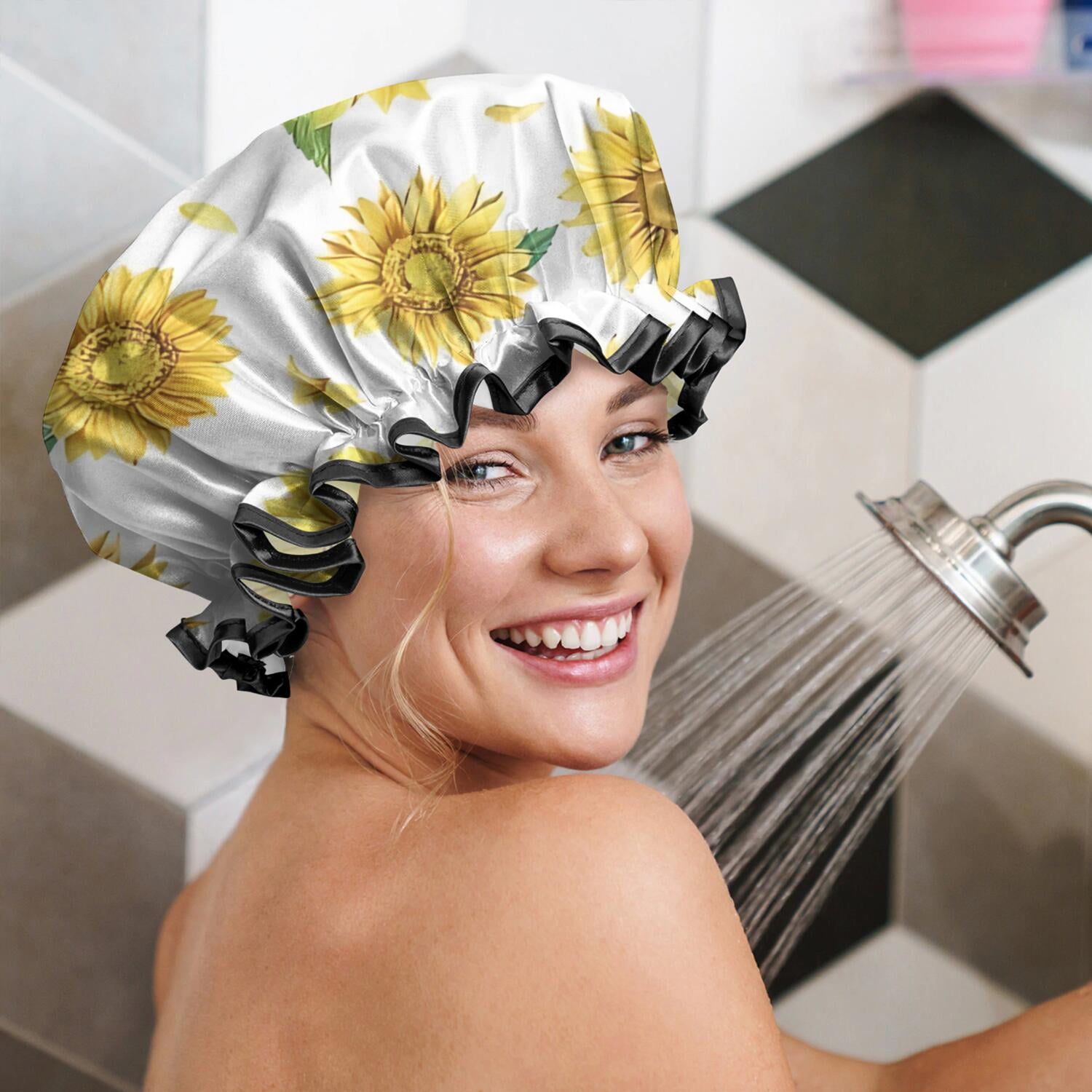 Shower Caps,White Sunflower Petal Pattern Waterproof Shower Cap for Women 4 Pieces,Double Reusable Hair Cover for Shower PEVA Elastic Stretch Hem