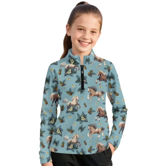 Psesaysky Toddler 1/4 Zipper Sweatshirt Girls Long Sleeve Shirts Casual Soft Kids Horse with Pineapple Graphic Fall Winter Pullover Tee Tops Blouse 12-13 Years