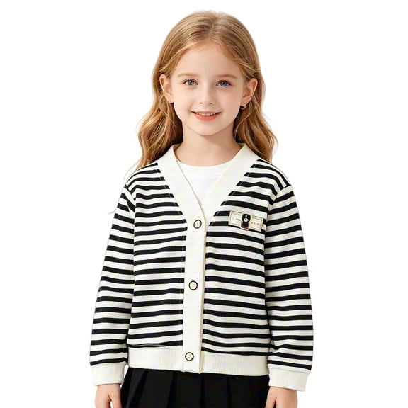 Coerni Girls Button Up Sweaters Wide Striped V-Neck Knit Cardigan Cute Casual Kids Preppy Sweaters Outerwewar Spring Fall Clothes